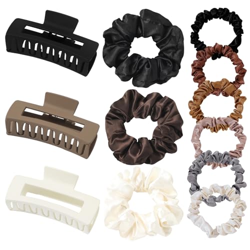 Image of 12 Pcs Hair Scrunchies Claw Clips Set, Satin Scrunchy Hair Bands Ponytail Holders with Square Jaw Clips for Thin Thick Curly Hair,No Crease No Damage,Hair Accessories for Women Girls Gym Party Daily