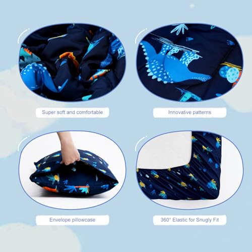 Image of david's kids 4 Piece Toddler Bedding Set - Soft Breathable Toddler Bedding Set for Boys Girls, Includes Quilted Comforter, Flat Sheet, Fitted Sheet and Pillowcase, Dinosaur Navy