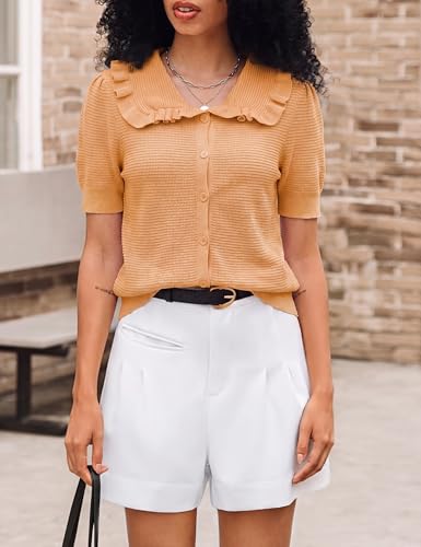 Image of Watashi Womens Ruffle Collar Puff Short Sleeve Cardigan Knit Crop Top | Peter Pan Collar Crochet Knitted Summer Fall Casual Work Wear Sweater