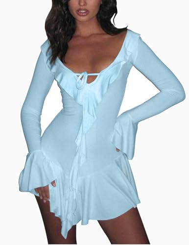 Robe moulante sexy à volants col en V pour soirée et cocktail chic