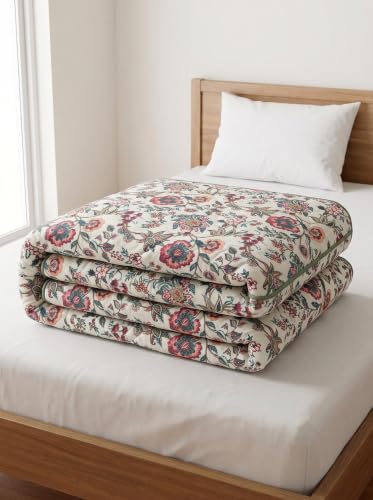 Image of Mafatlal 120 GSM Tulip Reversible Single Bed AC Comforter | Luxurious Microfiber Blanket for All Seasons | Ultra Soft Lightweight Breathable Bed Quilt Rajai | 154 x 228 cm | Chintz Beige