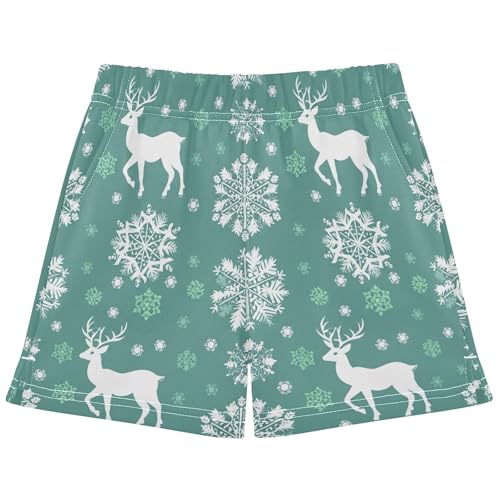 Girls Lounge Shorts Christmas White Deer Snowflakes Print Cute Athletic Pajama Shorts for Kids Teens, X-Small