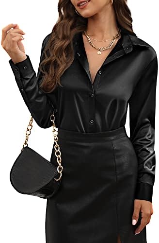 satin tops for women s silk top womens v neck button down roll up long sleeve tie blouses casual elegant dressy formal women's collar v-neck work office blouse business flowy dress shirt Black Size XS