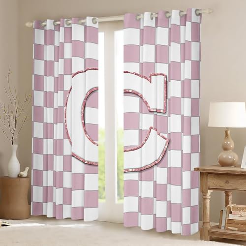 Image of Erosebridal Pink Initial C Window Curtains 38 inch Wx45 L Kawaii Plaid Checkered Blackout Curtains for Kids Girls Bedroom,Cute Personalized Monogram Window Treatments Grids Gingham Drapes Decor 2 Panels