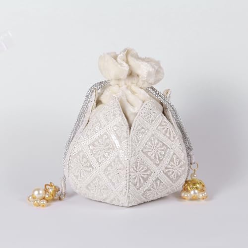 Image of THE TAN CLAN Pushp Zardozi Embroidered Mini Lotus Potli Bag - Handcrafted Silk Pouch with Intricate Zardozi & Lotus Design for Weddings, Bridal Accessories, and Special Occasions