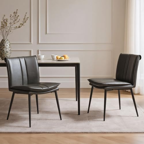 chairus Juego de 2 Sillas de Comedor de Cuero PU Silla de Sala de Espera Minimalista, Sillas de Cocina con Doble Acolchado Silla del Lounge con Patas de Metal para Salón/Restaurante, Gris