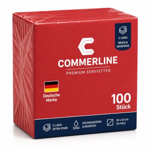 Commerline 100 Stück Rot Servietten 33x33 cm 2-lagig 1/4 Falz Weiche & Saugfähige Papierservietten für Gastronomie Restaurant Catering Party Geburtstag & Events Einwegservietten