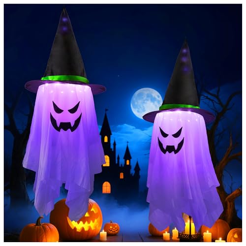 Woukksy 2 Piezas Fantasma Halloween Decoracion con Luces Led,Fantasmas Colgantes para Exterior,Decoracion Halloween para Patio y Jardín,Fantasma con Sombrero de Bruja (Violeta)