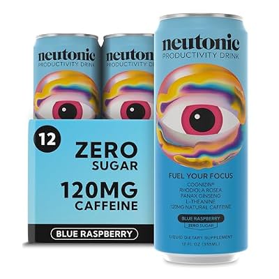 Neutonic Nootropic Productivity Energy Drink | Blue Raspberry 12 Cans | 120mg Natural Caffeine, Zero Sugar | Support Memory, Mental Clarity, Cognitive Function | Boost Focus, Energy, Brain Health