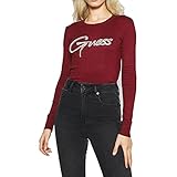  Camiseta de mujer de jersey de manga larga con logo de perlas bordadas burdeos de Guess