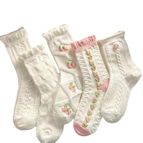 Image of 5 Pair Cute White Ruffle Ankle Socks - Women's Cottagecore Floral Crew Socks in Japanese Aesthetic Cotton