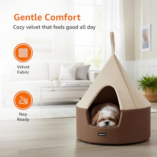 Image of Amazon Basics Pet Bed Cave | Soft & Warm Indoor Tent Bed for Cats, Kittens & Small Dogs | Foldable with Removable Cushion | Light Taupe & Coffee | Diameter 45 cm, Height 45 cm