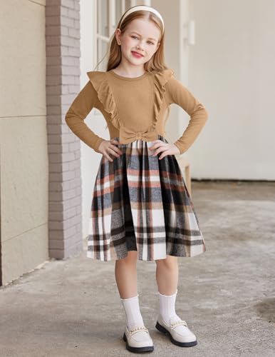 Arshiner Girls Fall Winter Dress Plaid Ribbed Ruffles Long Sleeve Dresses Cute Bowknot Little Girls Clothes 2-6 Years4
