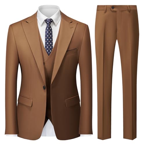 MODFUL Costume 3 pièces pour homme - Coupe ajustée - Avec un bouton - Blazer de mariage - Gilet et pantalon, marron, XL