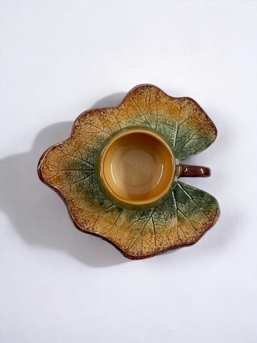 Dekoratif Kabak Yaprak Figürlü, Yeşil Ve Kahve Renklerinde Çay Kahve Fincanı Seti 1 Kişilik - Görsel 2