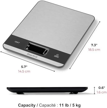 Starfrit Digital Kitchen Scale - Stainless Steel Platform - Measures Weight and Liquid Volume - 11 lb / 5 kg Capacity - Stainless Steel - 3