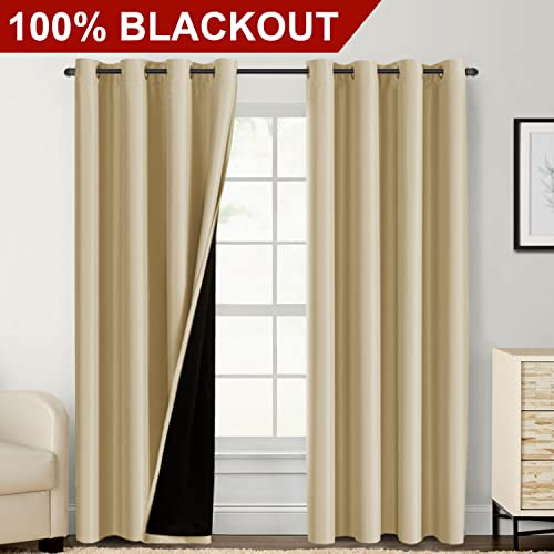 100% Blackout Curtains For Bedroom 84 Inches Long Thermal Insulated Lined Curtains For Living Room Double Layer Full Light Blocking Energy Saving Grommet Drapes Draperies, 2 Panels, Wheat #TOP1