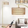 Yusist Arc Floor Lamp for Living Room,Gold Floor Lamps with Remote Control & Dimmable Bulb,Rattan Boho Tall Standing Lamp for Bedroom Office