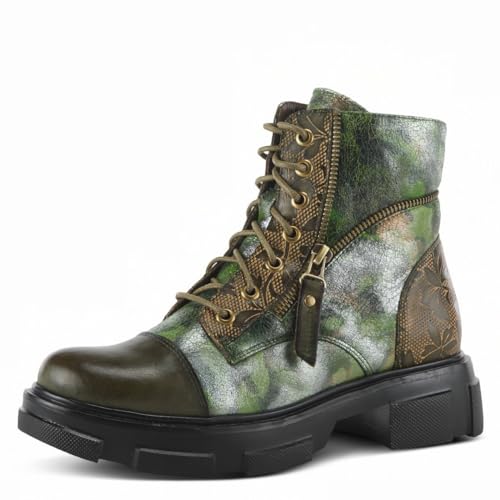 Spring Step L'Artiste Carnelian Booties for Women - Leather Ankle Boots with Lace-up and Zipper - Hand-Painted Womens Boots for Outdoor