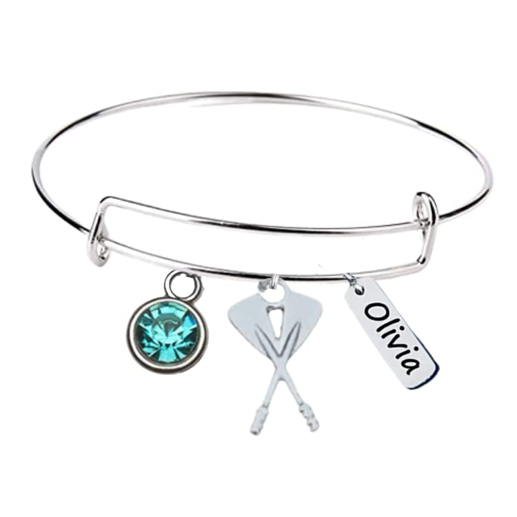 Personalized Rowing Charm Bangle Bracelet with Birthstone