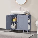 Yaheetech Under Sink Bathroom Cabinet, Bathroom Storage Cupboard Furniture with 2 Doors, Adjustable Shelves and Open Side Storage Unit Grey