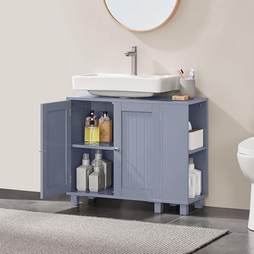 Yaheetech Under Sink Bathroom Cabinet, Bathroom Storage Cupboard Furniture with 2 Doors, Adjustable Shelves and Open Side Storage Unit Grey