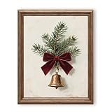 ZLKAPT Minimalist Christmas Bell Print with Pine and Red Bow Ribbon, Neutral Wall Art, Rustic Modern Vintage Holiday Art, Elegant Holiday Decor for Festive Seasonal Charm (8X10 UNFRAMED)