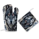 Big Black Wolf with Red Eyes Oven Mitt Gloves and Heat Insulation Pads Double-Layer Thickened Heat Insulation Mitt Temperature Oven Gloves for Cooking Baking Grilling
