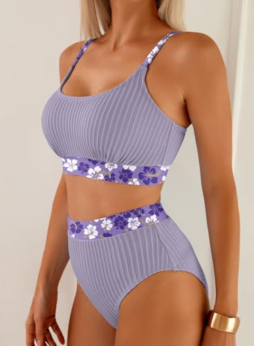 Image of Herseas Women's Textured Bikini Sets Floral Print Trim Scoop Neck Swimsuits High Waisted Bathing Suits