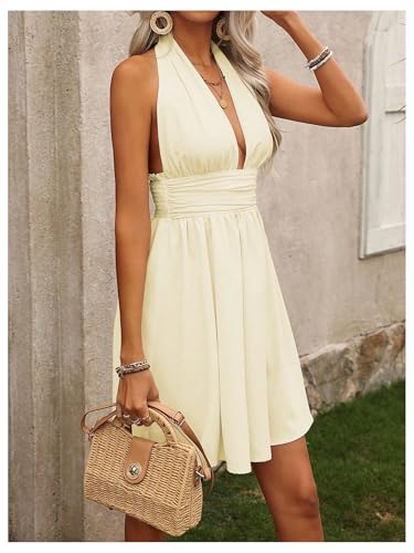 Image of Floerns Women's Backless Halter Dress Sleeveless Ruched Flare Hem A Line Dresses