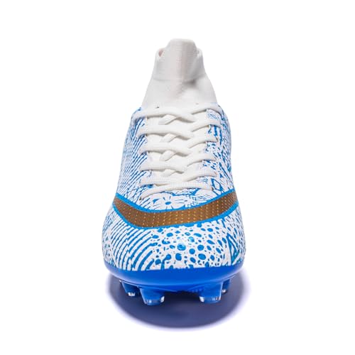 Otzttzto Kids Soccer Cleats Boys Girls Firm Ground Professional Athletic Outdoor Football Shoes White-Blue thumb #4
