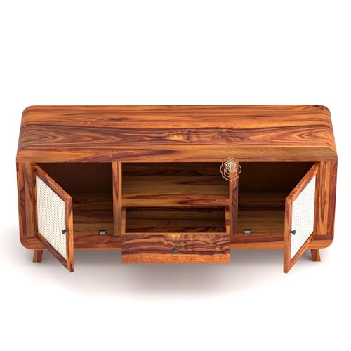 Image of Siddhivinayak Sheesham Wood TV Unit for Living Room | Solid Wooden TV Stand Cabinet with Storage Drawer, Cane Doors & Shelf | Entertainment Media Console Table | Honey Finish | 56.7 Inch