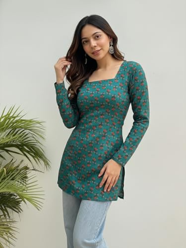 Image of ANNI Designer Short Kurti for Women Printed Design | Square Neck Full Sleeve Kurti Tops for Women | Stylish Kurtis & Short Kurtis for Woman | Casual Kurti with Jeans | Kurtas for Woman