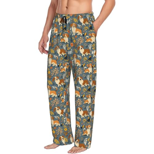 Mens Pajama Pants - Autumn Leaves Puppy Bird Print Soft Sleep Lounge Pants For Men, Casual Pj Bottoms With Pockets