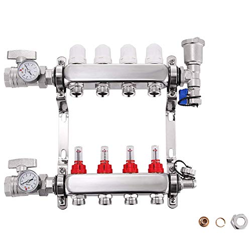 Preisvergleich Produktbild FlowerW Heizungsverteiler 1 / 2 Inch 4 Stromkreise mit Ventilen Edelstahl Fußbodenheizungsverteiler PEX Strahlungswärmeverteiler (1 / 2 Inch 4 Stromkreise)