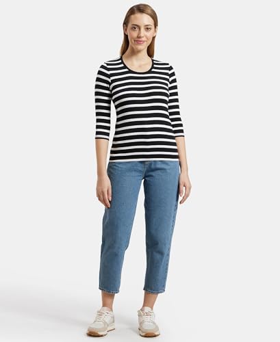 Image of Jockey 1360 Women's Super Combed Cotton Elastane Stretch Slim Fit Striped Round Neck Three Quarter Sleeve T-Shirt