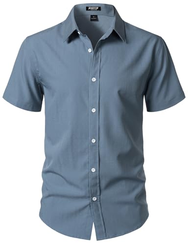 JEMITOP Mens Stretch Wrinkle-Free Textured Shirt Summer Lightweight Short Sleeve Button Down Vacation Beach Casual Shirts Dusty Blue L