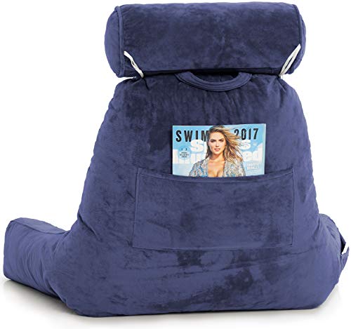 XXL Husband Pillow Dark Blue Backrest with Arms - Adult Reading Pillow Shredded Memory Foam, Ultra-Comfy Removable Microplush Cover & Detachable Neck Roll, Unmatched Support Bed Rest Sit Up Pillow
