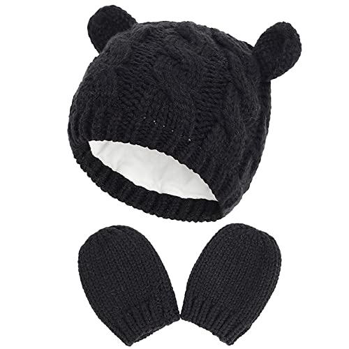 XYIYI Ensemble bonnet et moufles d'hiver pour nouveau-né - Pour garçons et filles de 0 à 18 mois, Noir , 6-18 mois Cover