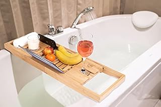 Eden's Eye Luxury Wooden Bath Tray - Extendable Bridge Holder for Book, Phone, Tablet, Wine Glass, Drinks, Mugs, Towel - Natural Bamboo Wood Caddy Fits Most UK Bathtub Sizes - Bathroom Accessories