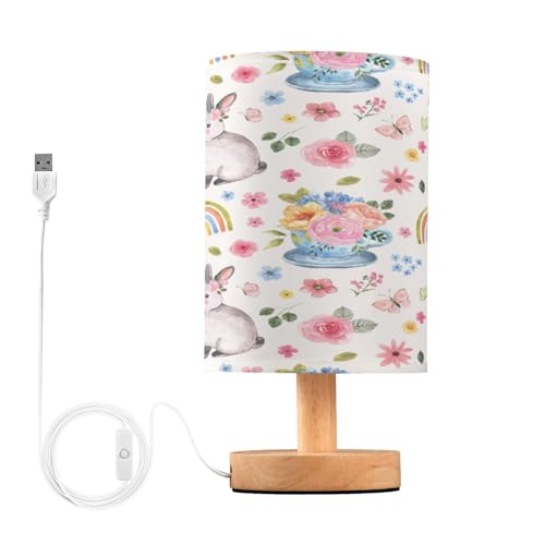 SDMKA Cute Bunny Easter Bedside Table Lamp for Bedroom, Minimalist Nightstand Lamp with Round Fabric Shade for Living Room, Office, No Bulb Required