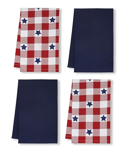 PurpleEssences 4th of July Assorted Kitchen Towels 100% Cotton - Pack of 4-18x28 Inches - Independence Day Indoor Decorations - Labor Day - Star Checks Print and Waffle