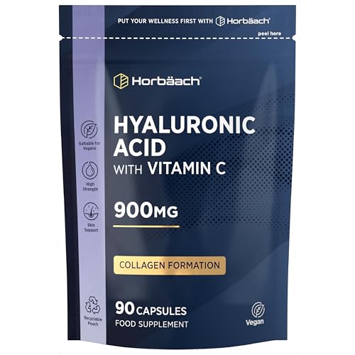 Hyaluronic Acid Supplement 900mg (500-700 KDA) | High Strength Vegan Bioavailable Formula with Vitamin C | 90 Capsules | by Horbaach