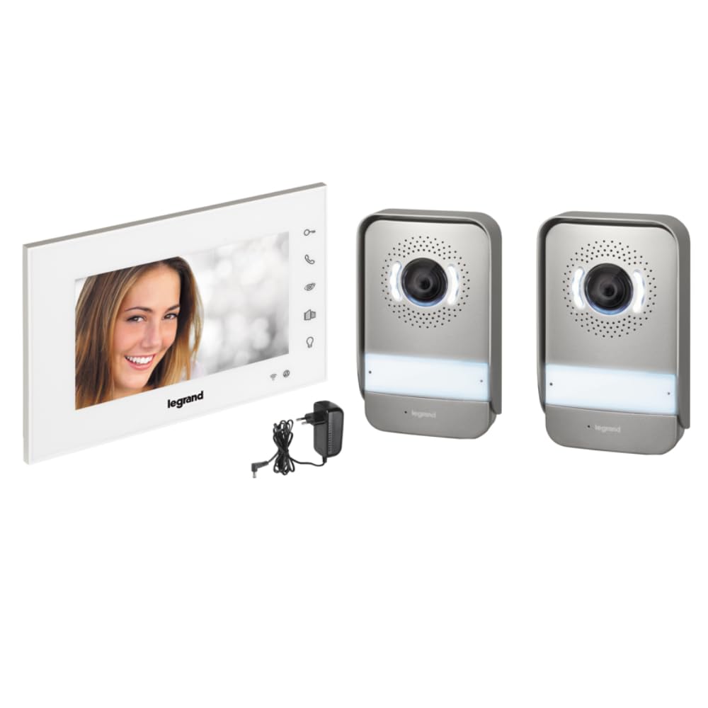 LEGRAND, EASYKIT Wi-Fi Video-Türsprechanlagen-Set mit 2-Draht-Anschluss, 2x Außenstellen & eine Innenstelle, Steckernetzgerät, IP54-IK07, Farbe: weiß, 360910 + 369339