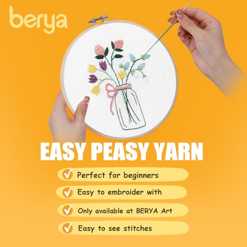 Image of BERYA Flowers Embroidery Kit Including Video Step by Step Instructions Embroidery Hoop,Color Threads and Embroidery Scissors for Beginners-Handmade Needlepoint Kits for Adults