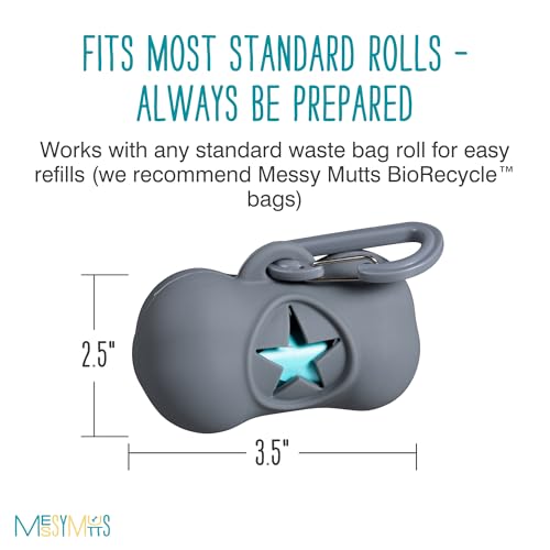 Image of Messy Mutts Silicone Dog Waste Bag Holder | Dog Poop Bag Dispenser with Carabiner and Bags | Unscented Roll Included - 15 bags | Leash Essential | (Grey)