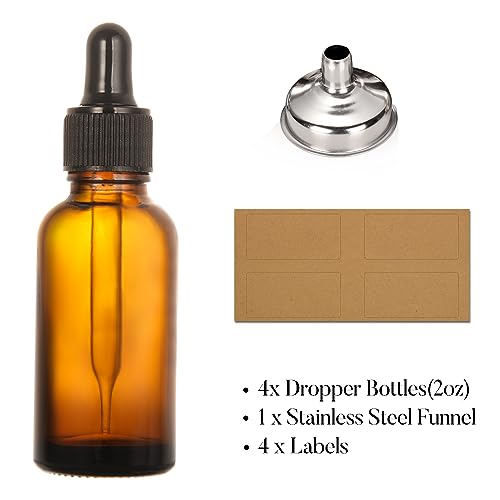 AOZITA 4 Pack, 2 oz Dropper Bottles with 1 Funnel & 4 Labels - Essential Oils Bottles for Health, Personal Care & Beauty - 60ml Thick Dark Amber Glass Tincture Bottles with Eye Droppers, Leakproof