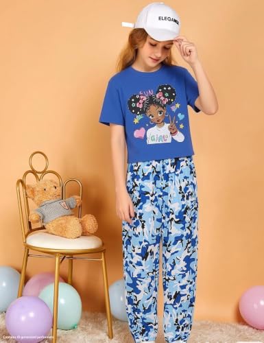 Image of mksodop Girls Outfit Set Graphic T Shirt and Camo Jogger Pants Cute Casual Clothes for Girls 5-16 Years