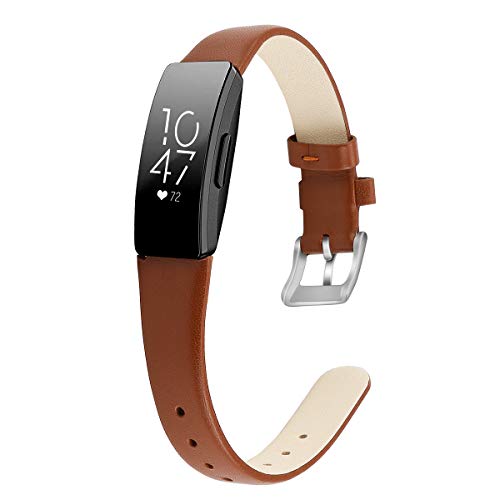 MEFEO Compatible with Fitbit Inspire Bands/Inspire HR Band, Genuine Leather Slim Soft Strap Wristbands Accessories Replacement for Fitbit Inspire Fitness Tracker (Brown, Small (5.8