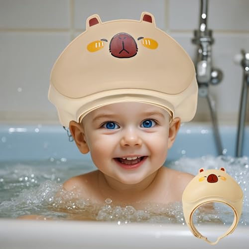 Image of Baby Shower Cap - Waterproof Bath Visor for Toddlers 1-3 Years, Extra Soft Silicone Hair Washing Hat for Kids, Keep Water Out of Eyes (Khaki)
